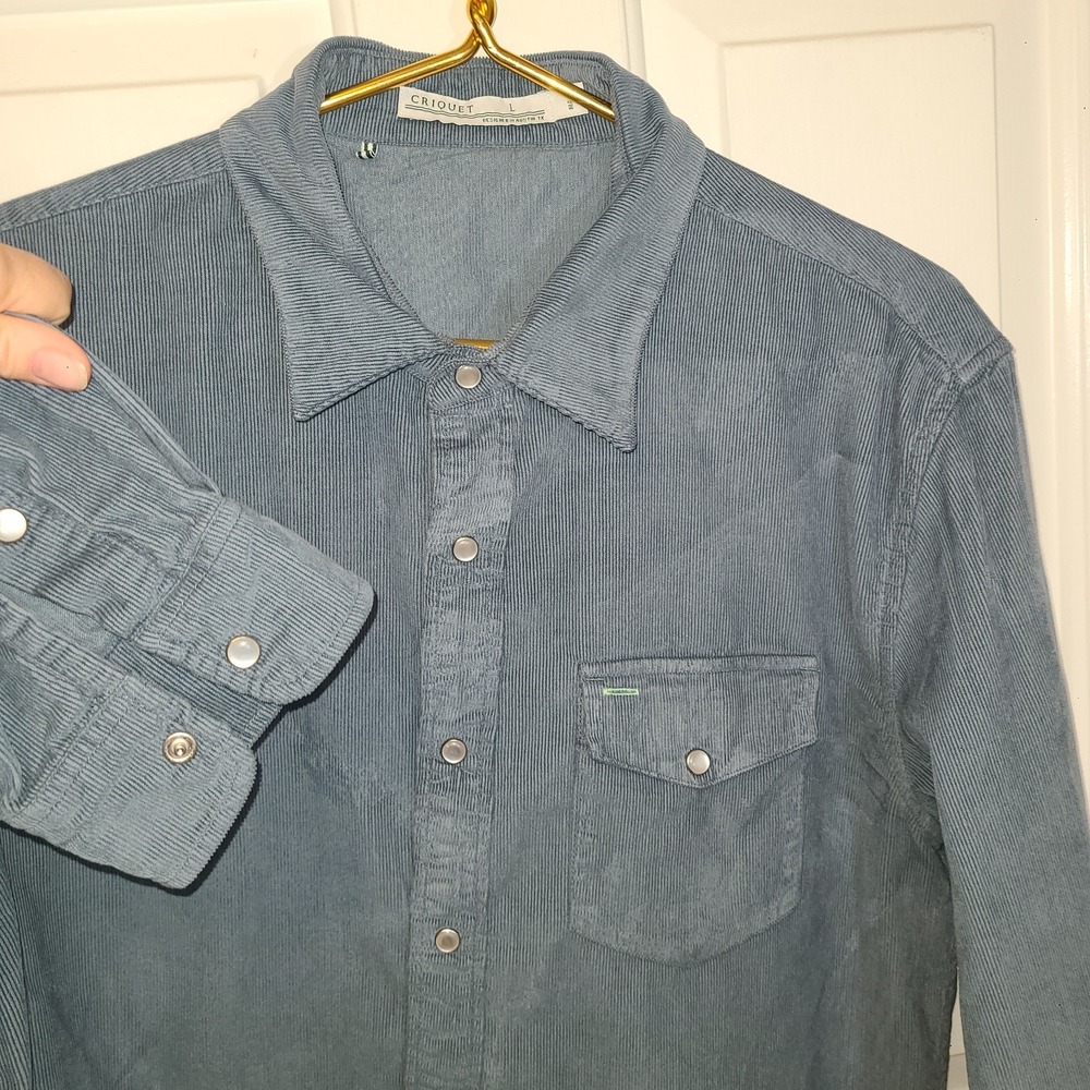 Criquet Mens Lg Slate Blue Thin Corduroy Western Pearl Snap Button Up Pocket
